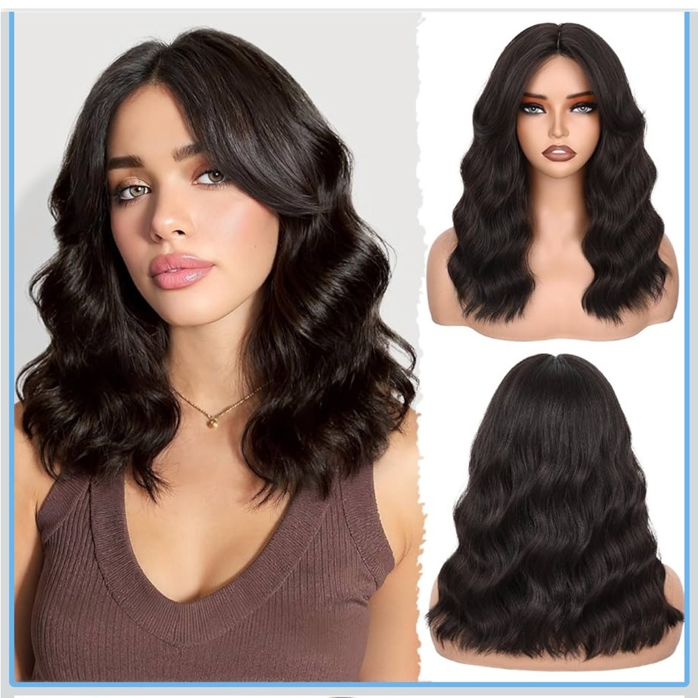 14 Inches Wig for White Women Brown Wawy Bob Wig with Natural Curtain Bangs